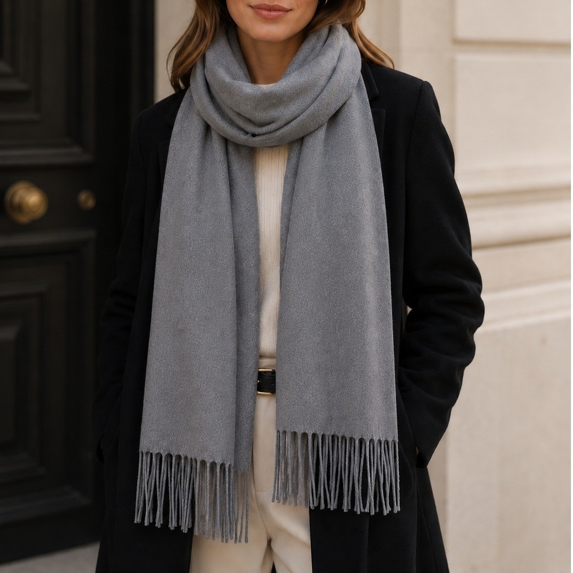Ml Studio 100% Cashmere Fringe Scarf Gray Textured Wrap Quiet Luxury Chic Gift